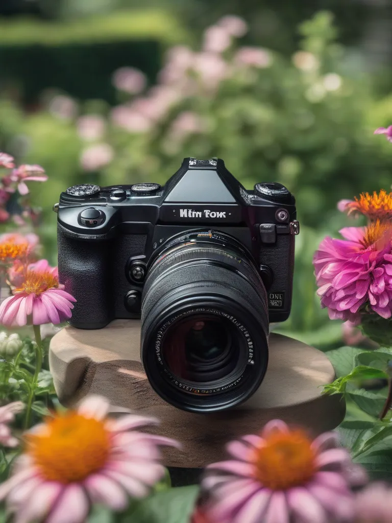 A Black Camera with a lens on a table.