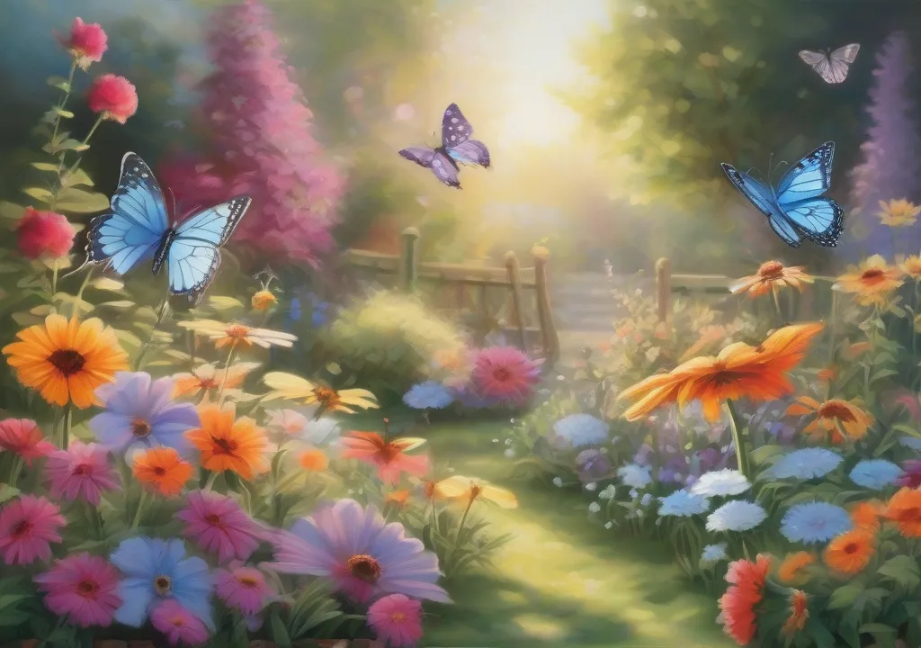 A painting of a butterfly flying over a field of flowers.