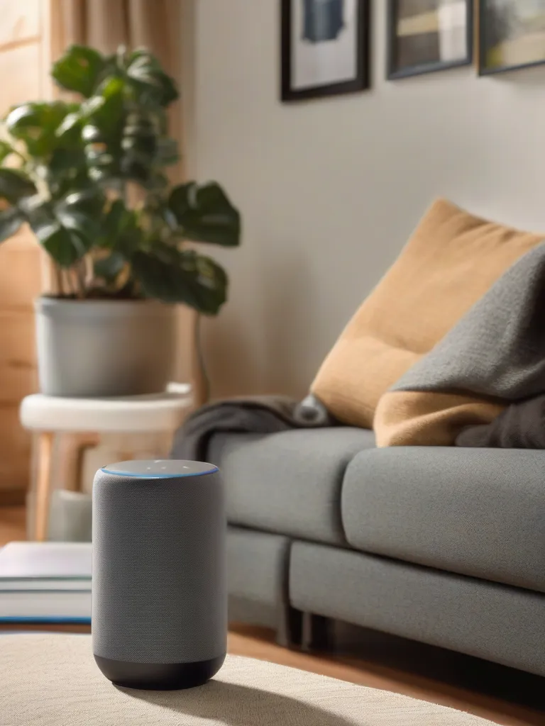 A couch with a blue blanket and a white speaker on it.