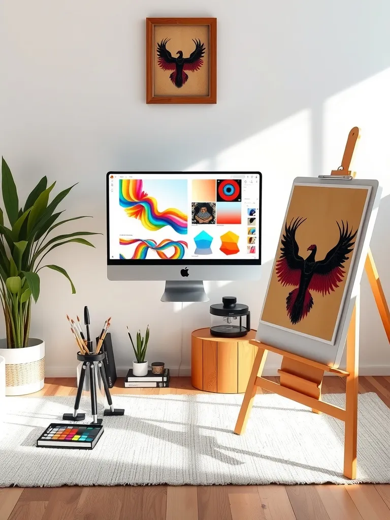 computer monitor with a painting of a bird on it.