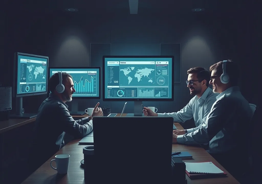 Men in suits looking at computer screens.