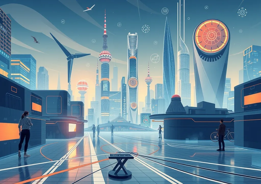 Futuristic city with skyscrapers and flying cars.
