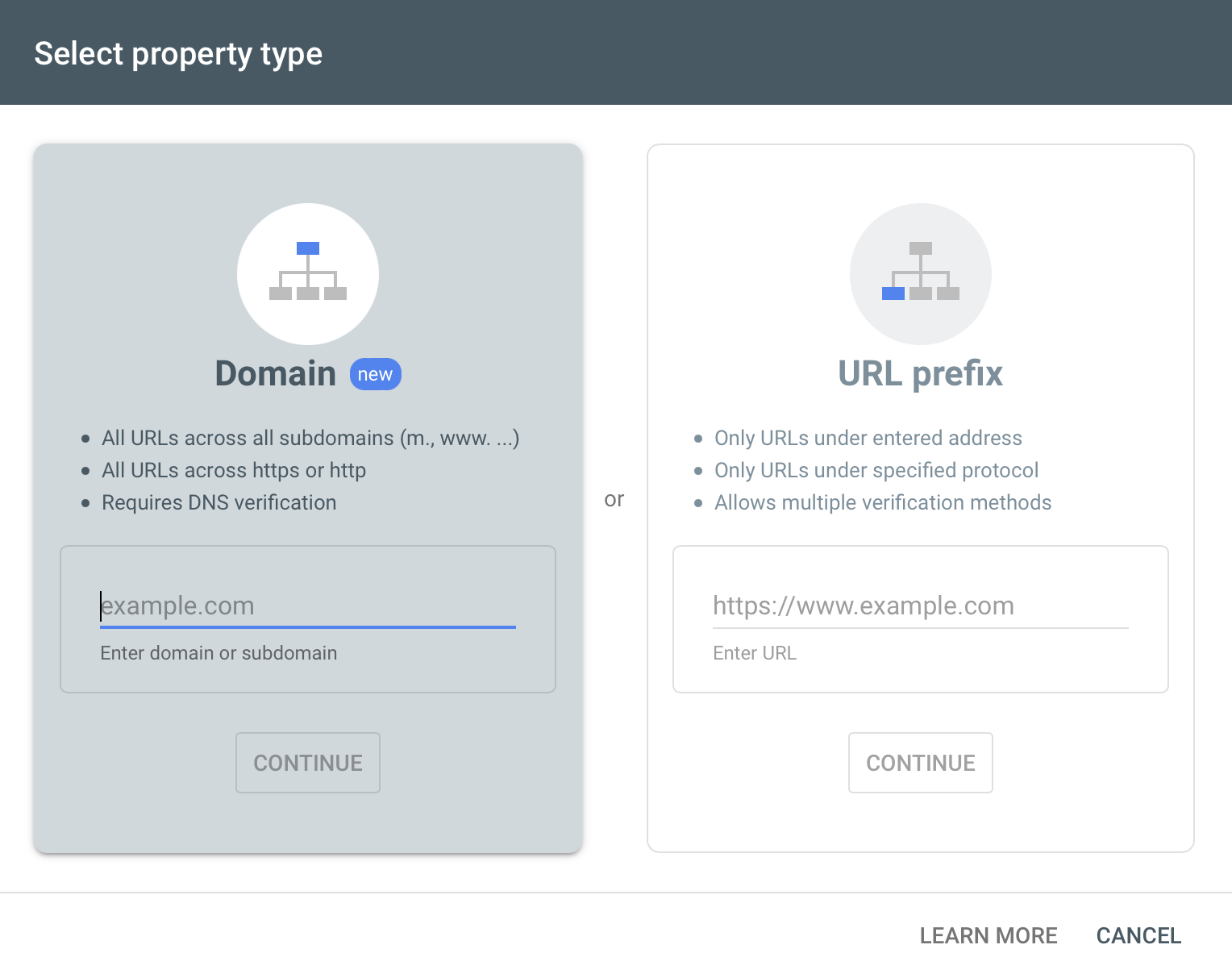 Google Search Console select property type